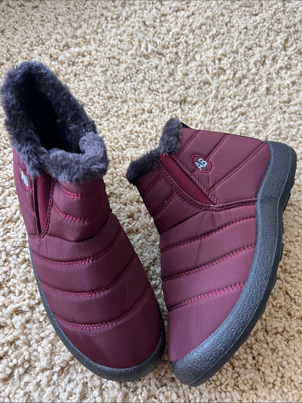 Burgundy Quilted Faux-Fur Ankle Booties - Cozy Slip-On